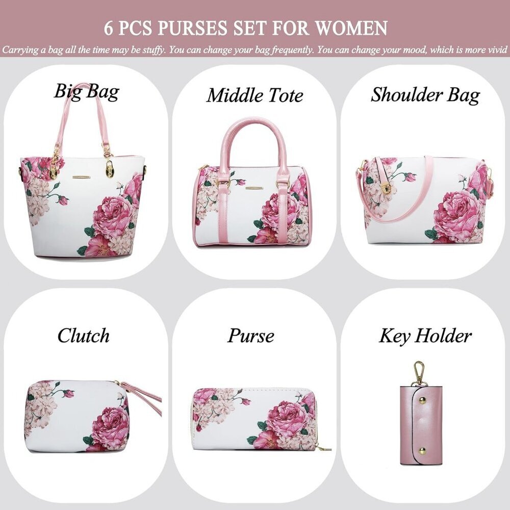 Women's Pink White Faux leather Zipper Simple Top Handle 6pcs Tote Hand Bag - Picture 4 of 6
